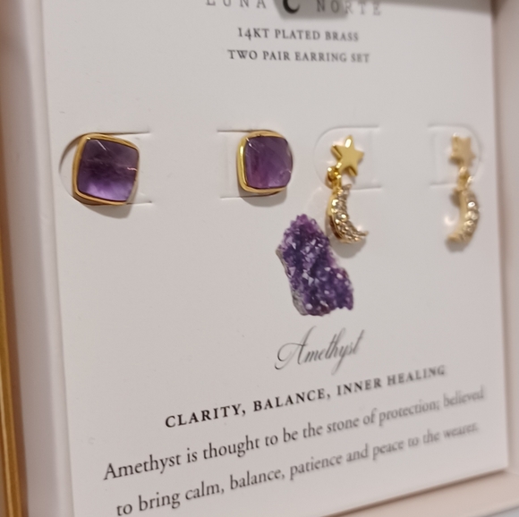 2 pairs stud earring BY LUNA NORTE AMETHYST 14K GOLD PLATED CRESCENT MOON STAR - Picture 5 of 7